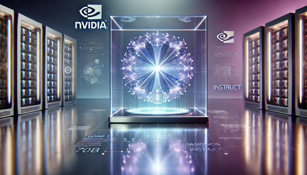 NVIDIA Llama-3_1-Nemotron-70B-Instruct model's neural network architecture floats in the center of the room. The hologram should display intricate, pulsing connections and nodes, symbolizing the model's complexity and intelligence.