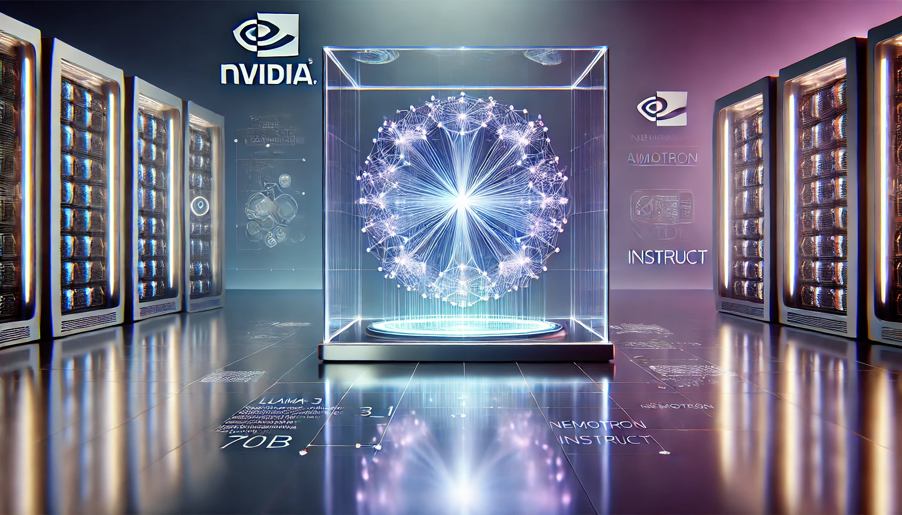 NVIDIA Llama-3_1-Nemotron-70B-Instruct model's neural network architecture floats in the center of the room. The hologram should display intricate, pulsing connections and nodes, symbolizing the model's complexity and intelligence.