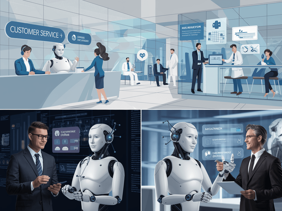 A futuristic illustration of AI agents interacting with humans in various industries, showcasing applications like customer service, healthcare, and business analytics.