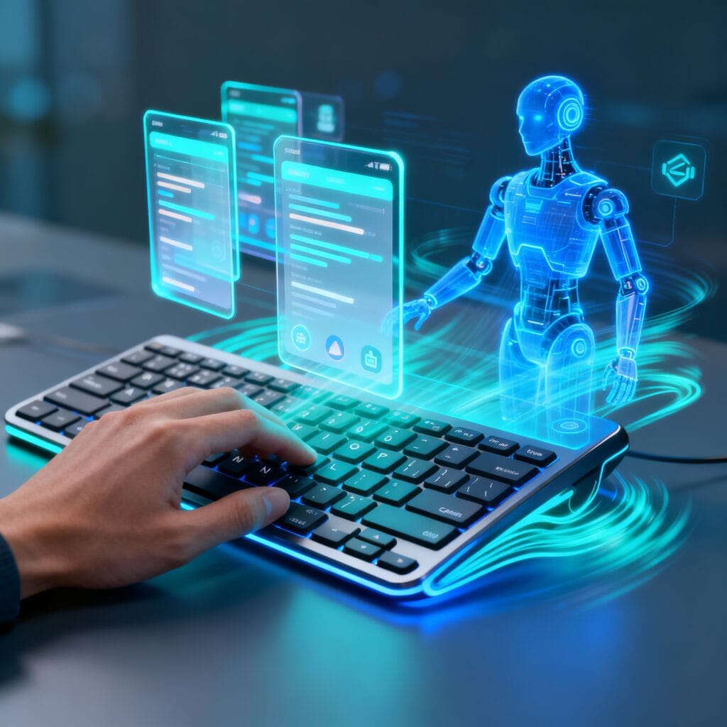 A futuristic keyboard morphing into an app interface generated by AI, glowing holographic screens, human hand guiding an AI assistant.