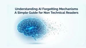 A clean high-resolution illustration showing a human brain made of glowing circuits on one side and a digital fading memory effect on the other side. Include soft blue and white tones. The image should represent AI learning and forgetting processes. The mood should be modern, minimal, and suitable for an educational technology article. No text, no logos.