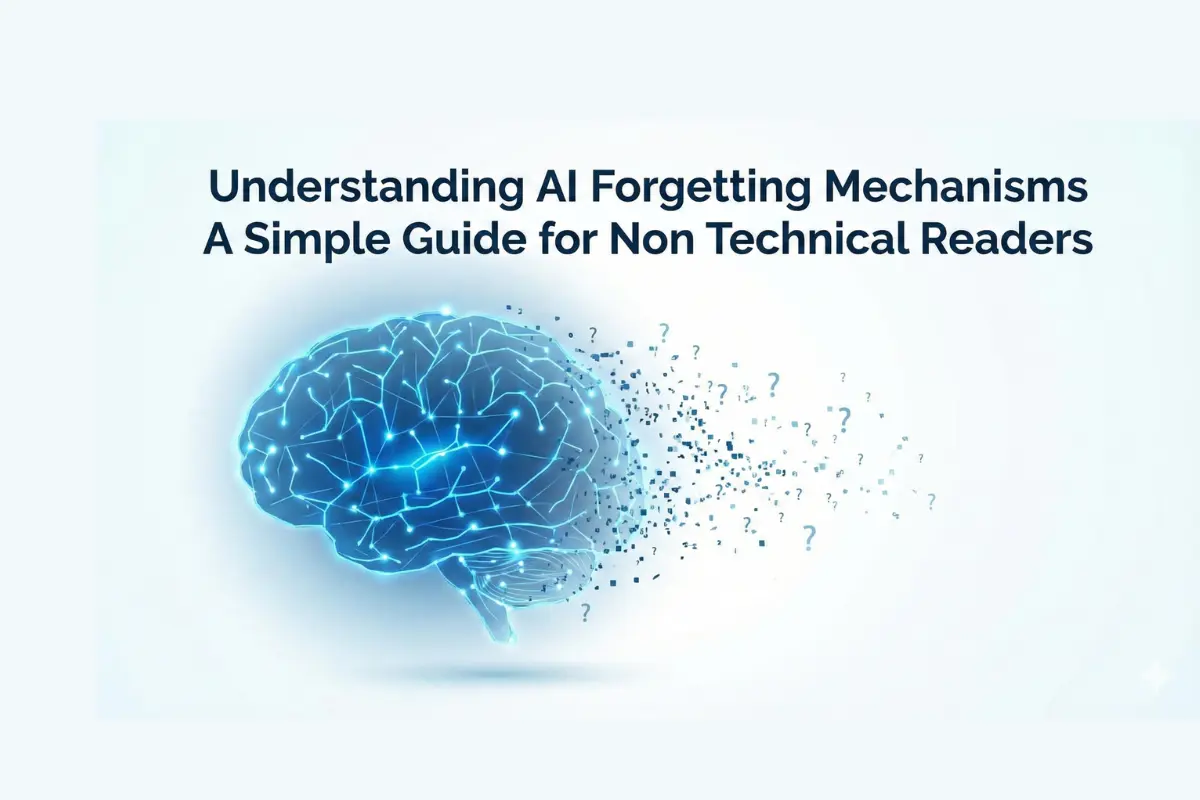 A clean high-resolution illustration showing a human brain made of glowing circuits on one side and a digital fading memory effect on the other side. Include soft blue and white tones. The image should represent AI learning and forgetting processes. The mood should be modern, minimal, and suitable for an educational technology article. No text, no logos.