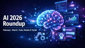 A dynamic futuristic scene showing the evolution of AI — include a glowing digital brain or neural network at the center, connected with flowing data lines, holographic UI panels, and abstract representations of AI tools (coding screens, charts, automation icons, chat interfaces).