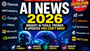 AI News 2026 featuring OpenAI, Google, Anthropic, Meta and xAI logos
