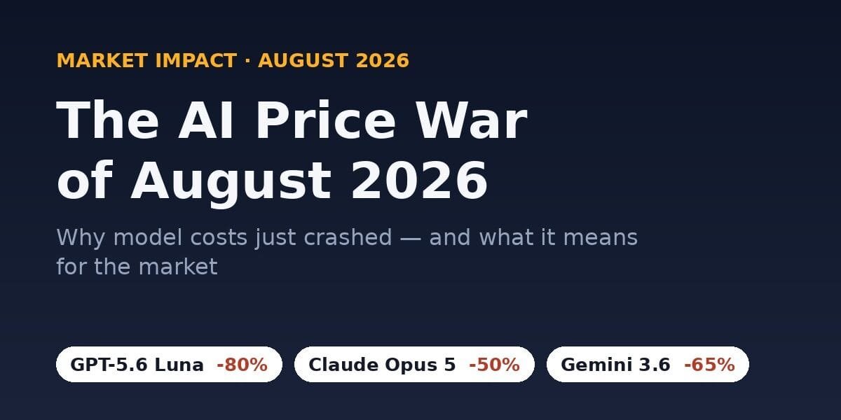 The AI Price War of August 2026: What It Actually Means for the Market 1 AI price war 2026: GPT-5.6 Luna down 80%, Claude Opus 5 down 50%, Gemini 3.6 down 65% in token cost