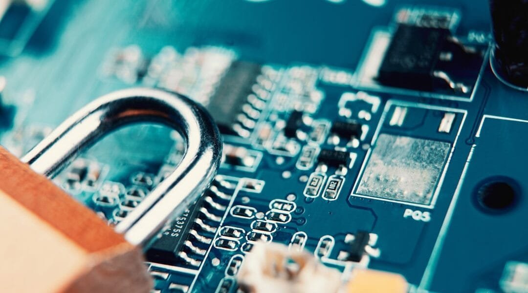 Padlock on a circuit board representing AI cyber models used for cybersecurity defense