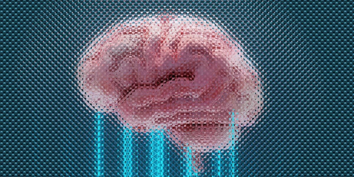 Glowing neural pathways in a human brain representing a Neuralink brain-computer interface