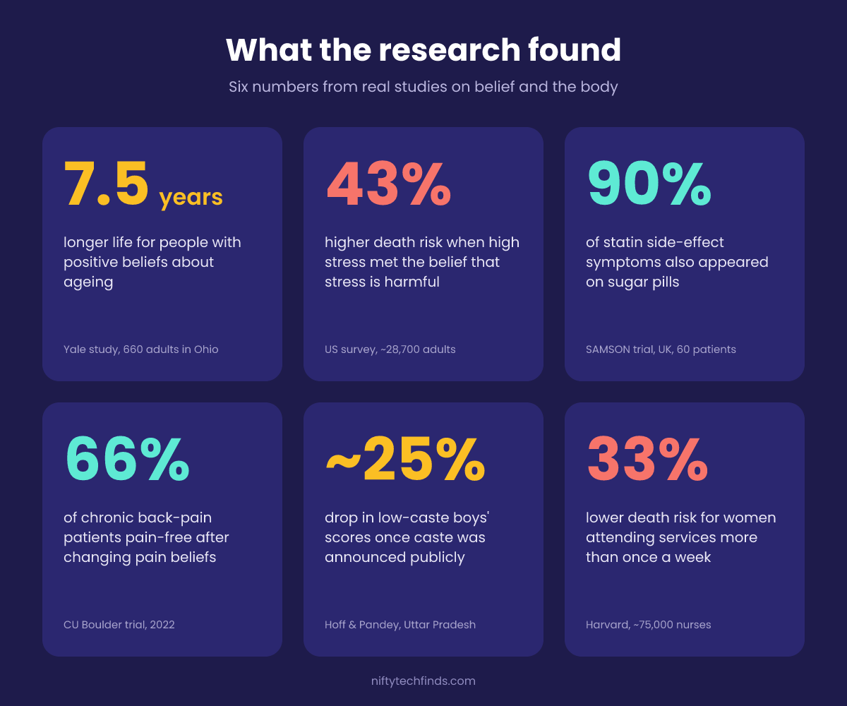 How Your Beliefs Shape Your Reality: The Science, Real Examples and a 21-Day Plan 4 Six research findings on how beliefs affect health, from ageing beliefs to the nocebo effect